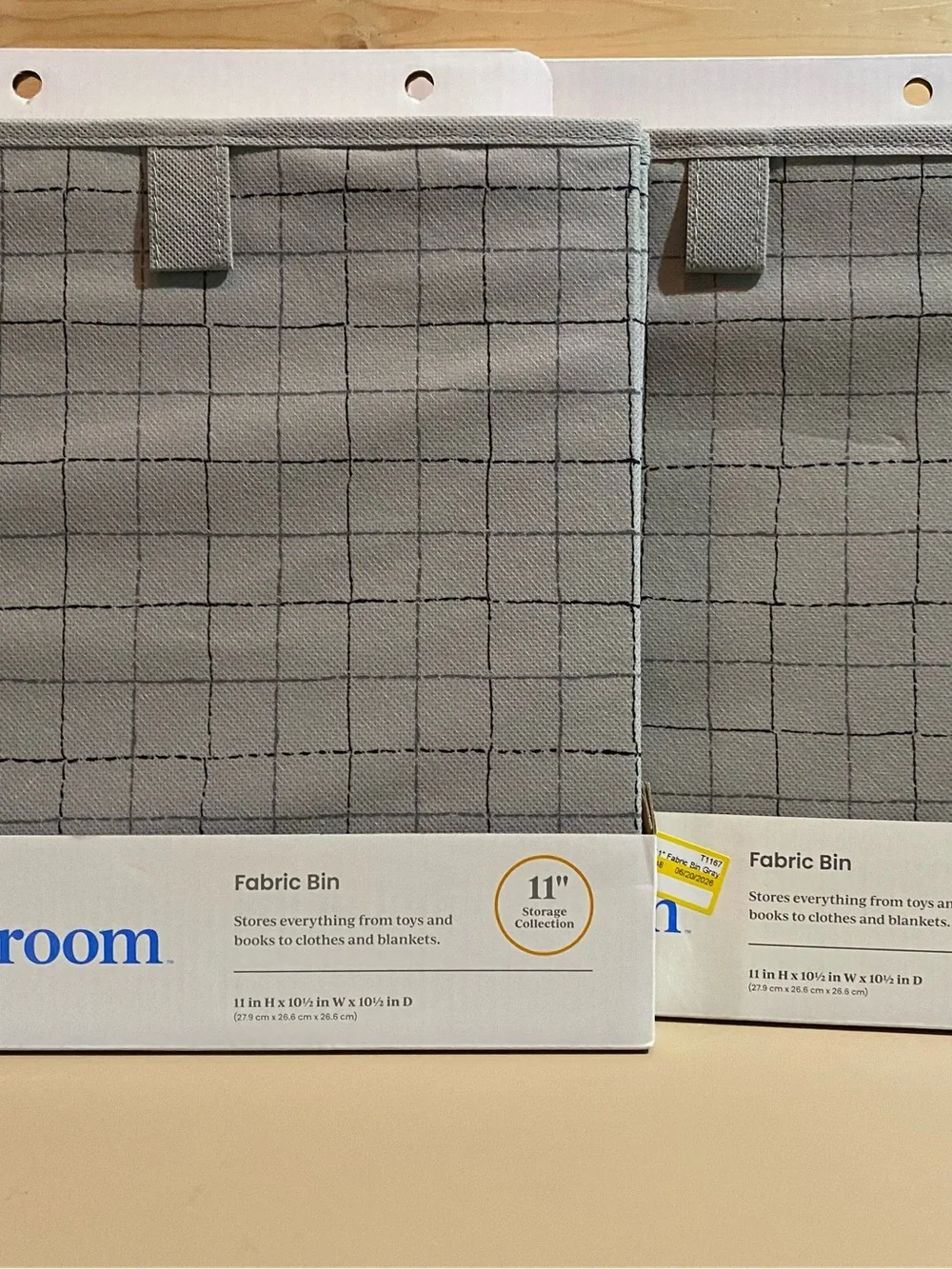 Gray Grid Fabric Storage Bin with Handle